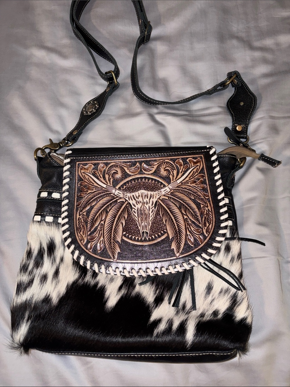 Myra Bag Black & White Cowhide Crossbody with Tooled Leather Flap